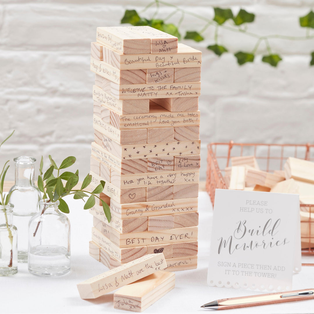 Wooden building block game style guest book