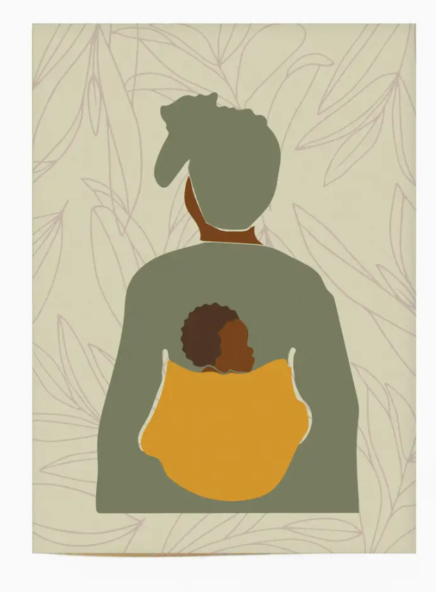 A pale green greeting card with an illustration of a mother in a sage green tunic and matching head wrap carrying her baby in a yellow swaddle on her back.