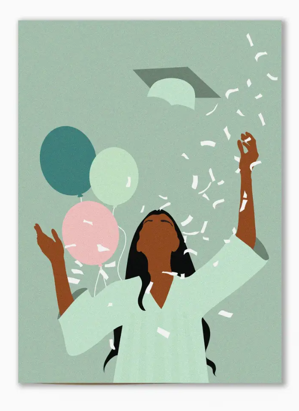A sage green greeting card featuring an illustration of a person in a green graduation cap and gown, surrounded by balloons and confetti