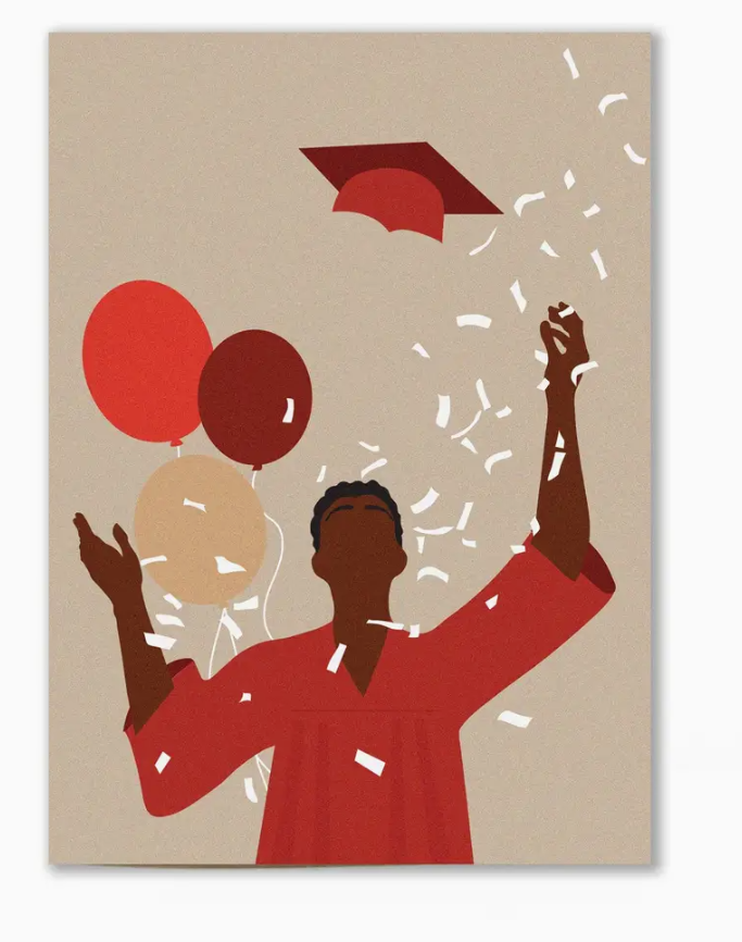 A greeting card featuring an illustration of a person in a red graduation cap and gown, surrounded by balloons and confetti