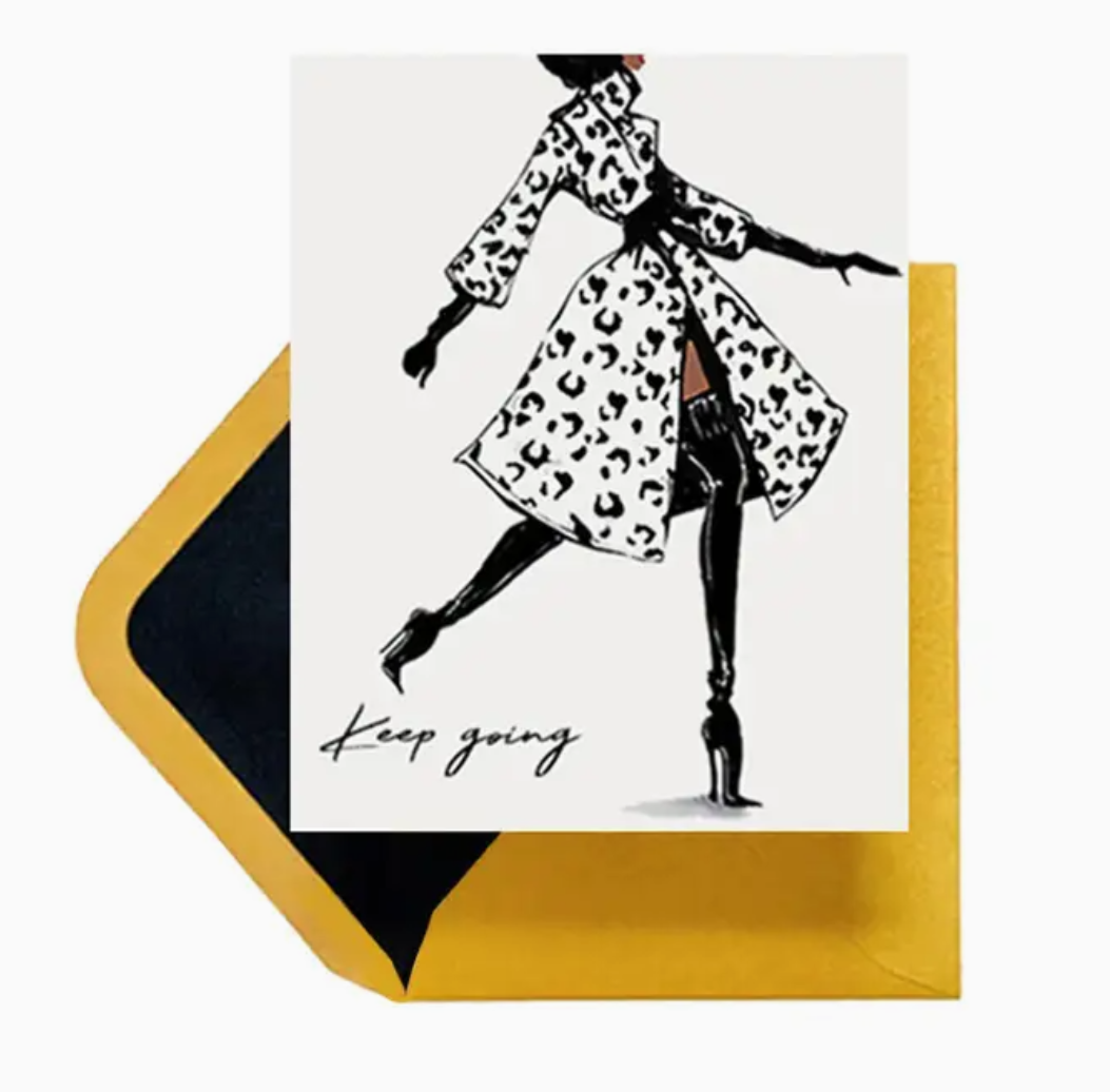 Greeting card with an illustration of a Black person wearing a white leopard print coat and black thigh-high high-heeled boots, long black gloves with the phrase &