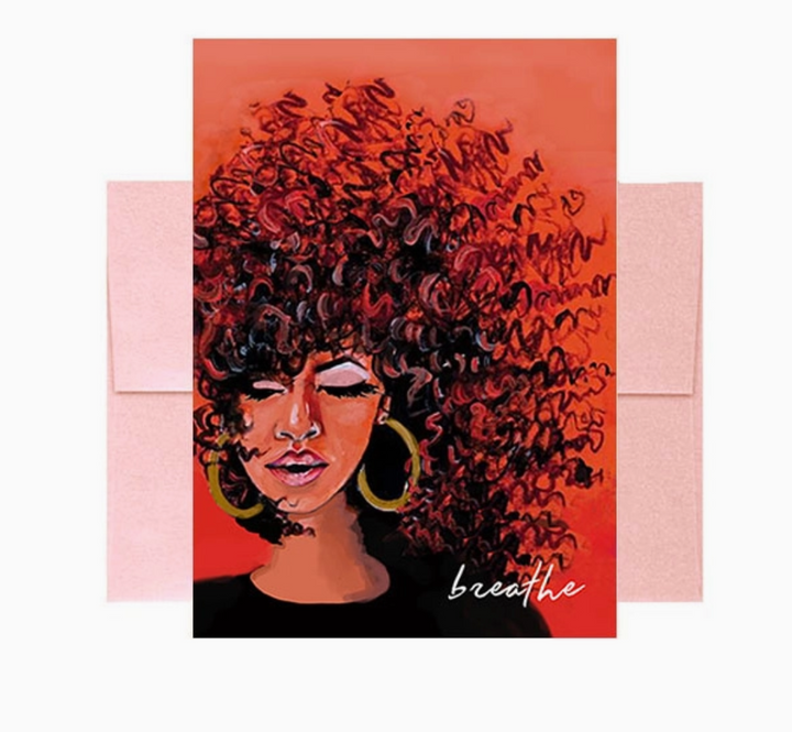 Red background greeting card with a woman with flowing curly hair, large gold hoop earrings, and the word breathe printed in bottom corner with a blush pink envelope on a white background