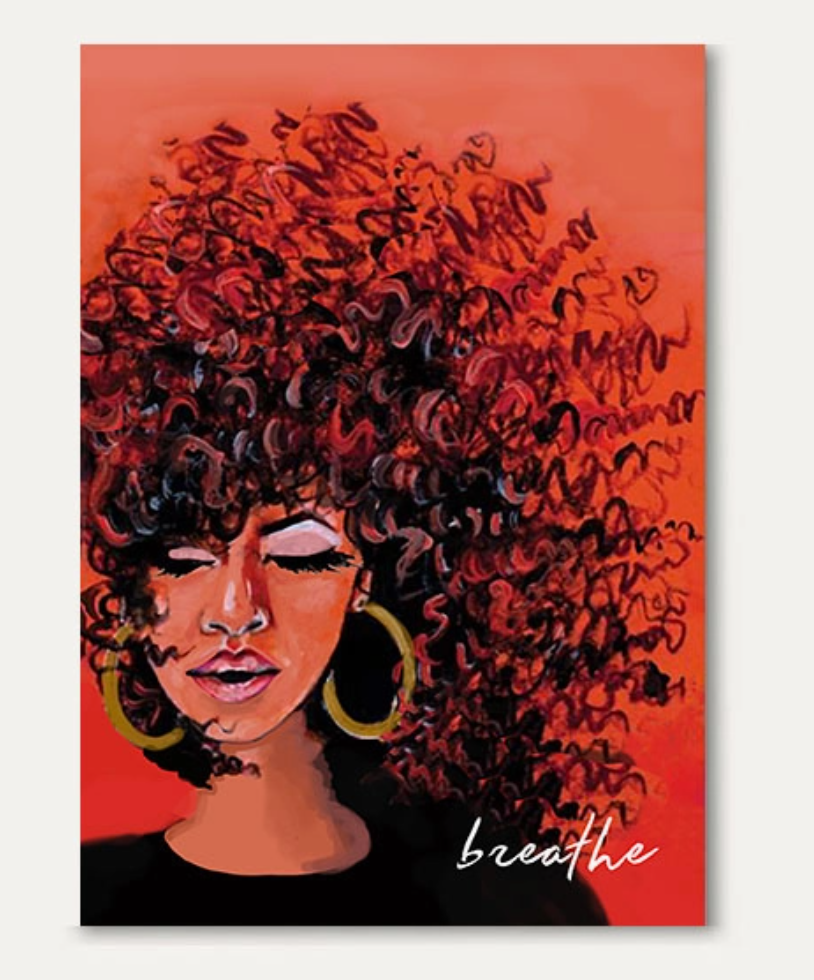 Red background greeting card with a woman with flowing curly hair, large gold hoop earrings, and the word breathe printed in bottom corner on a white background