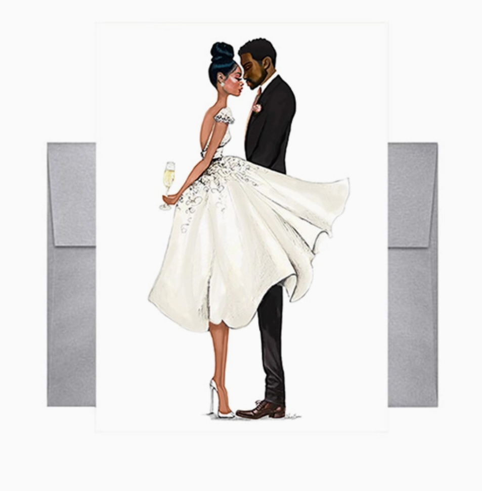 Greeting card featuring an illustration of a Black bride and groom facing each other having a quiet moment, bride holds a champagne glass. The card is accompanied by a metallic silver envelope.