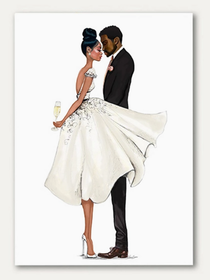 Greeting card featuring an illustration of a Black bride and groom facing each other having a quiet moment, bride holds a champagne glass. The card is accompanied by a metallic silver envelope.