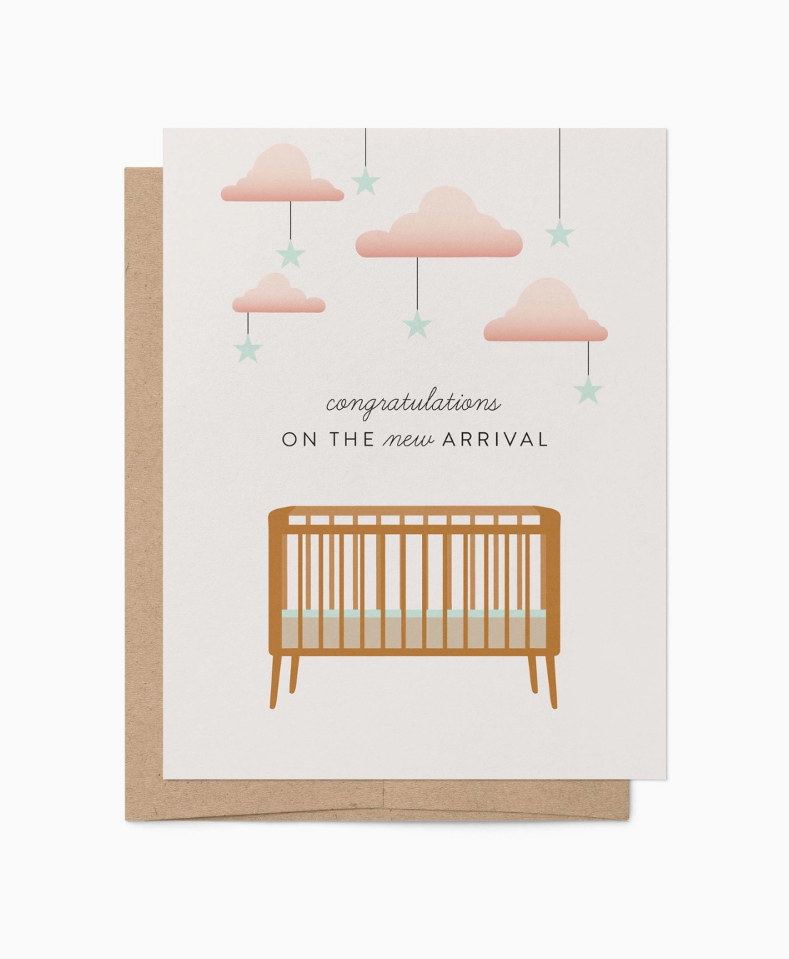 Greeting card with crib and cloud design, featuring 'Congratulations on the new arrival' text.