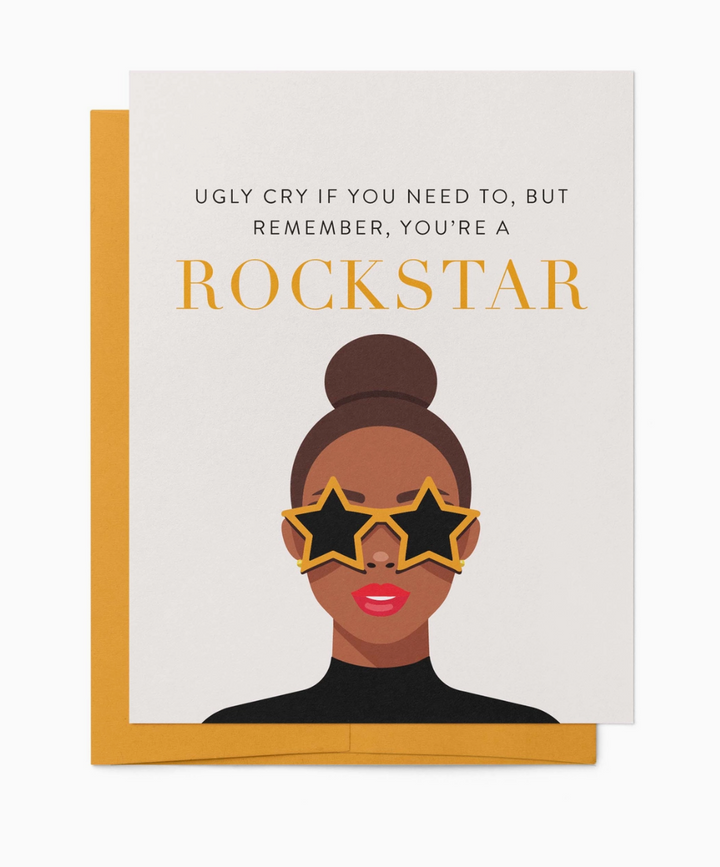 Greeting card with illustration of a woman wearing star shaped sunglasses and text &