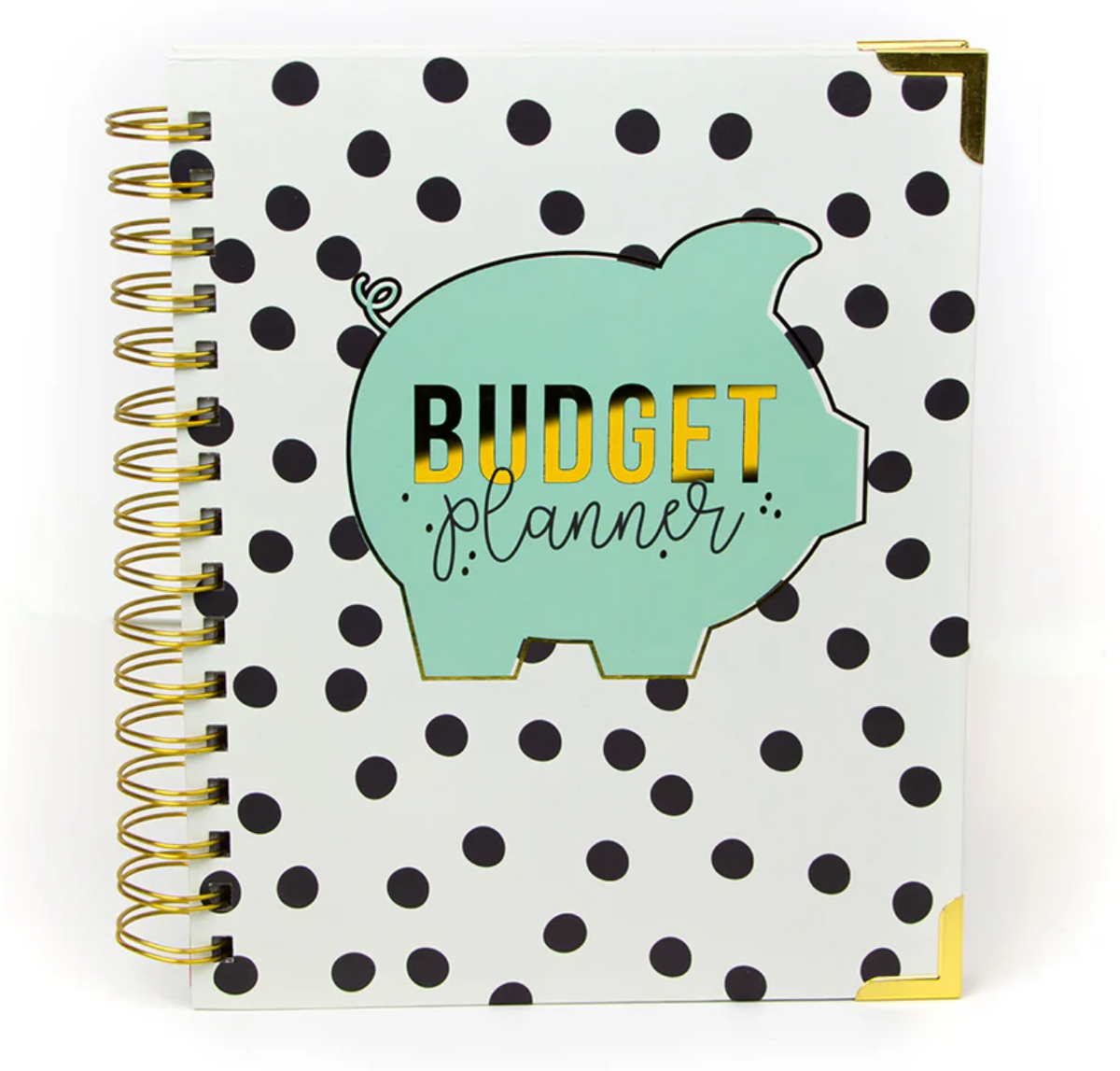 Budget planner book with gold spiral rings, gold polka dot cover, and piggy bank graphic