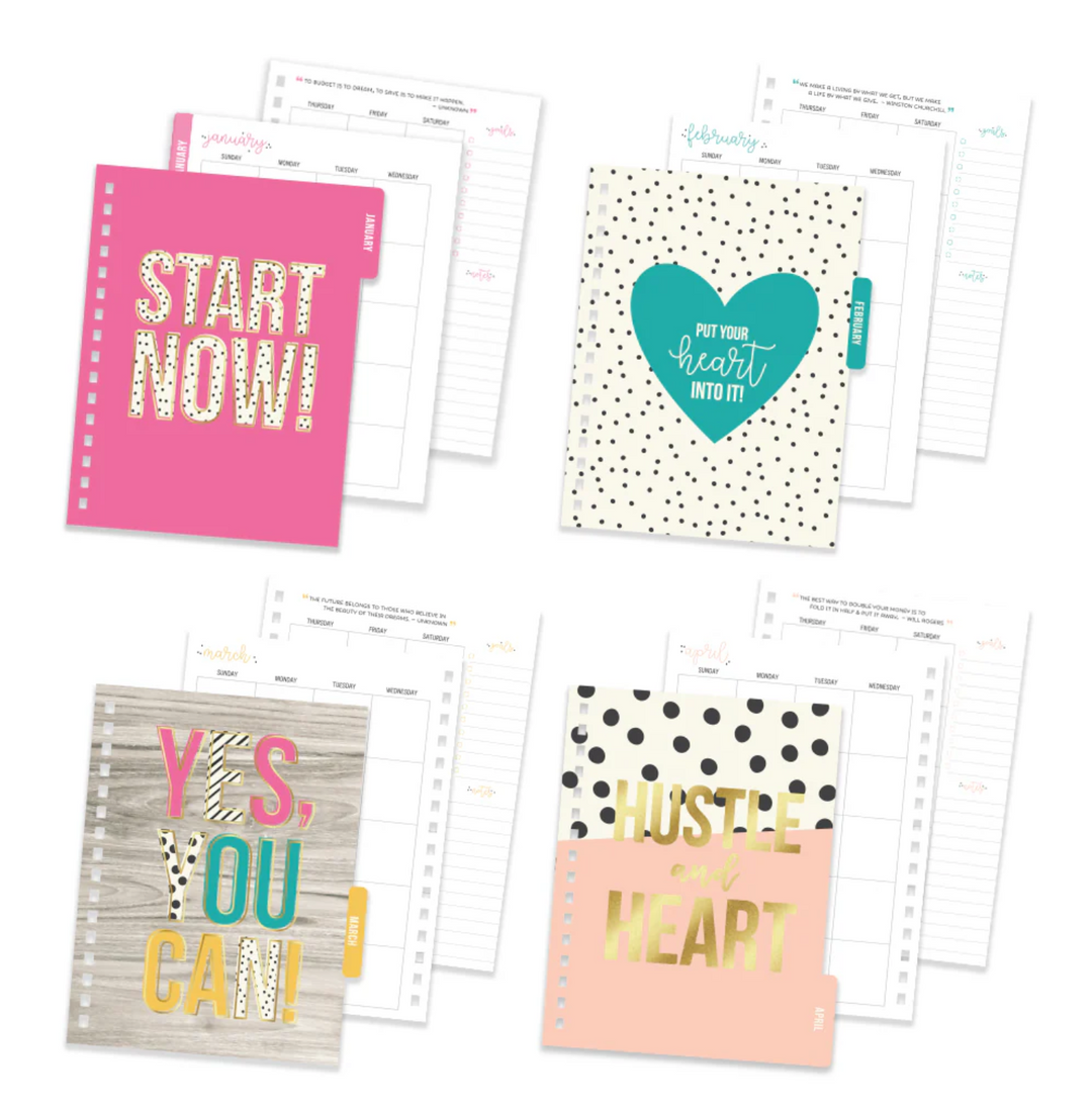 4 sets of motivational notebook section cover pages with colorful designs and text on a white background