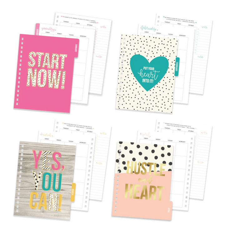 4 sets of motivational notebook section cover pages with colorful designs and text on a white background