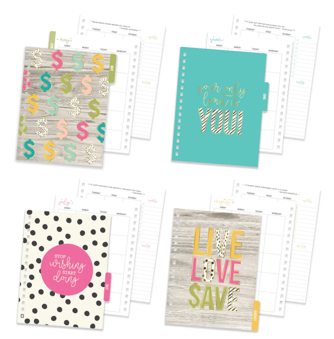 4 sets of motivational notebook section cover pages with colorful designs and text on a white background