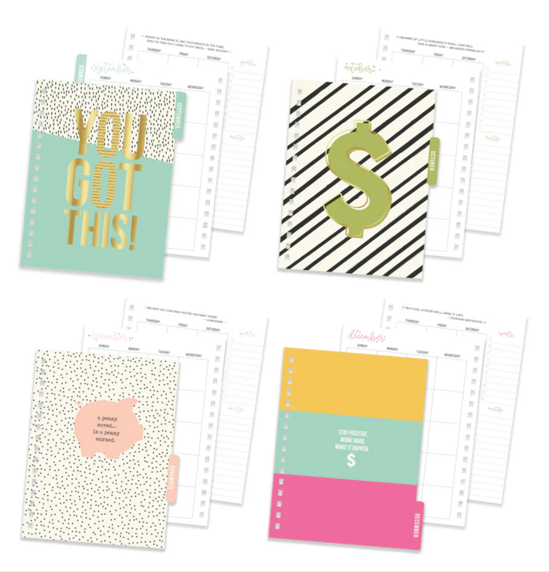 4 sets of motivational notebook section cover pages with colorful designs and text on a white background