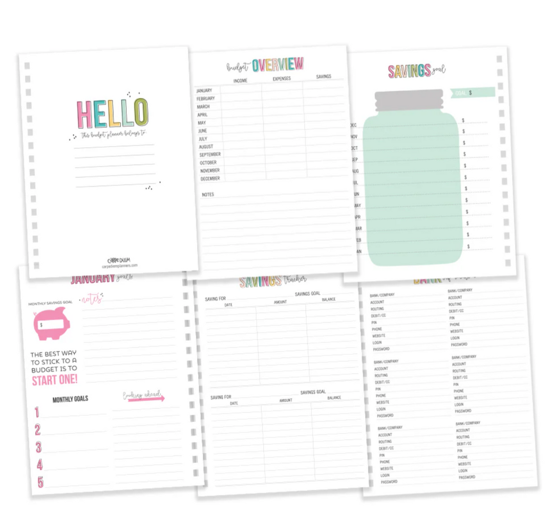 Collection of planner sheets with various sections on a white background
