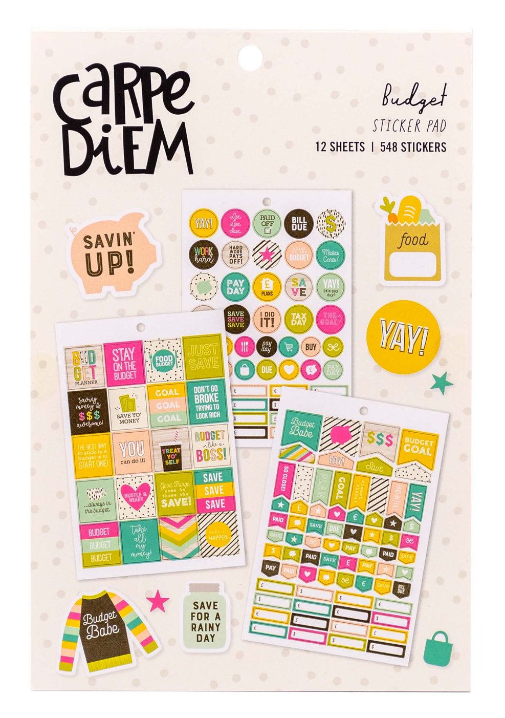 Sticker pad with colorful budget-themed stickers on a white background