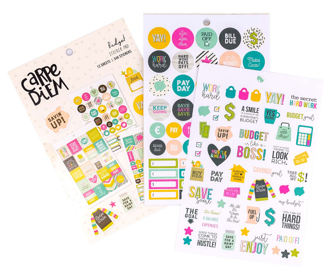 Three sheets of colorful budget-themed stickers on a white background