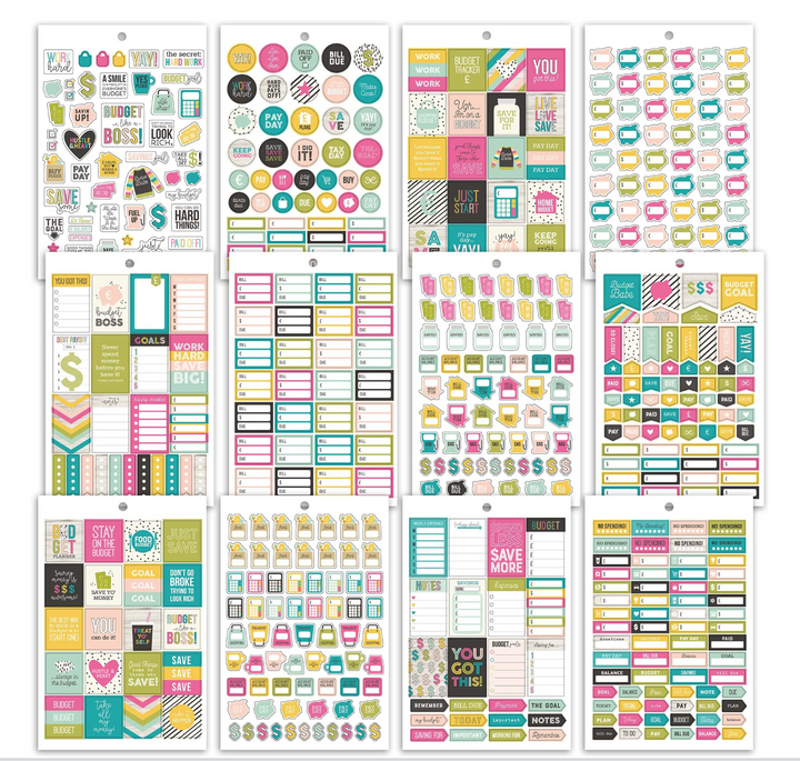 Collection of colorful budget planner stickers on a white background