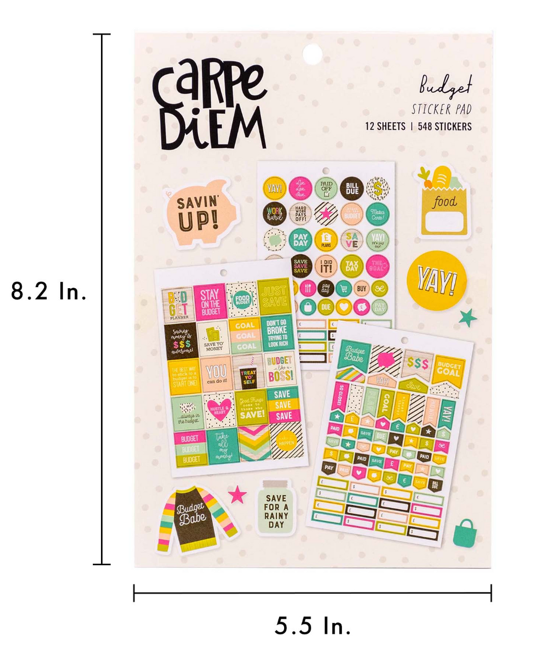 Sticker pad with colorful stickers on a white background, with dimensions shown