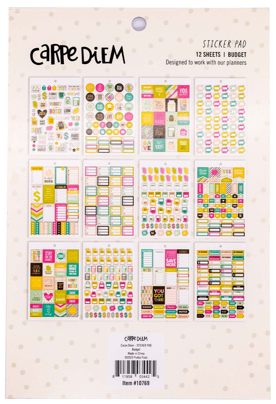 Sticker pad with colorful planner stickers on a beige background