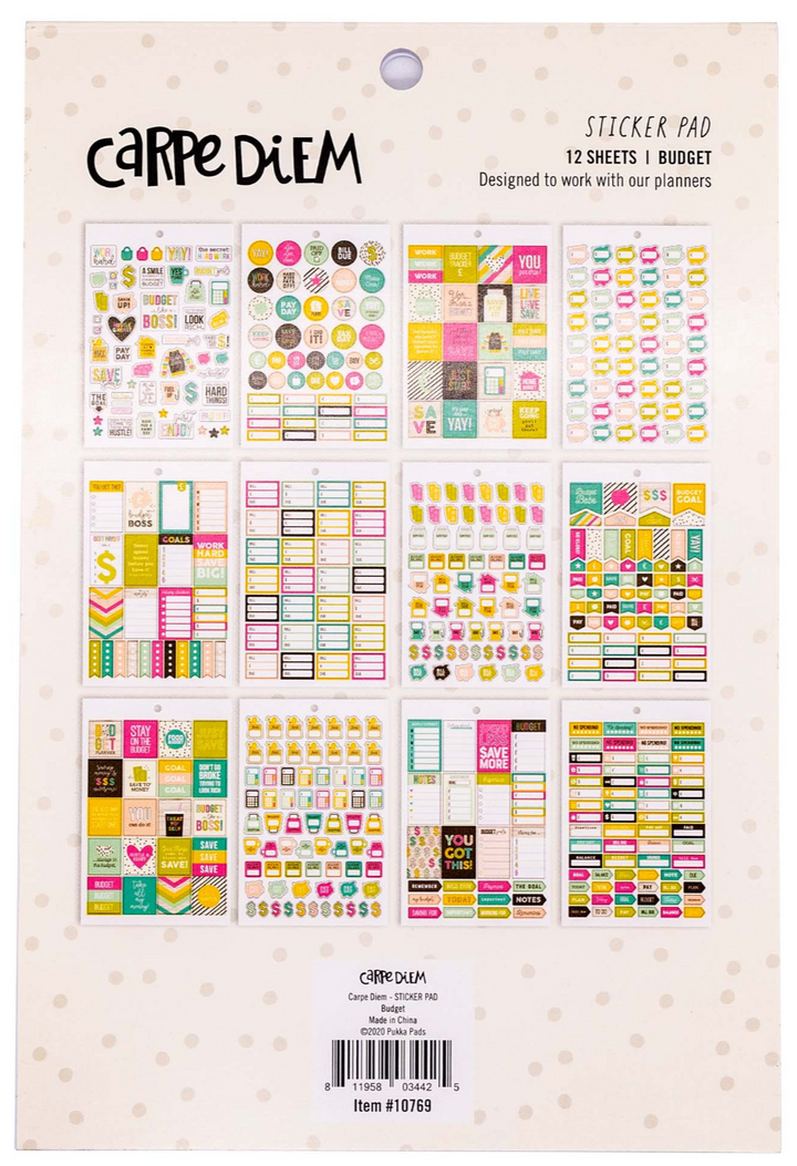 Sticker pad with colorful planner stickers on a beige background