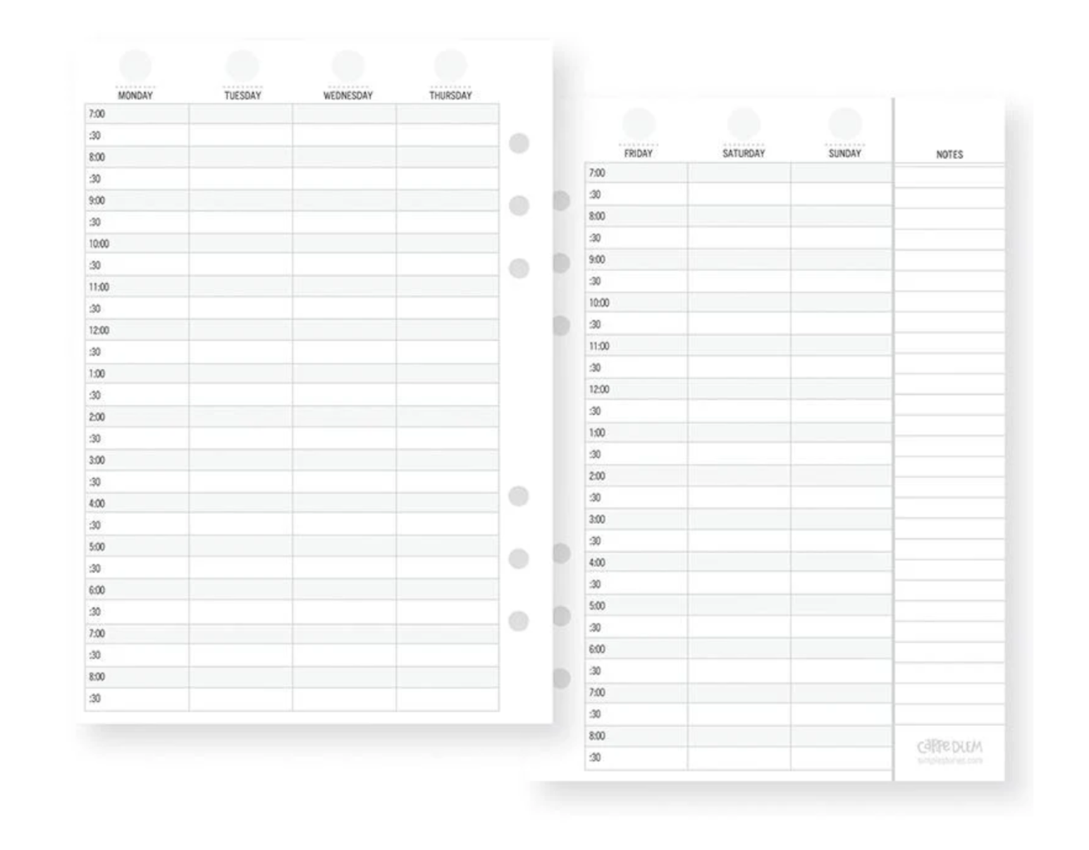 Two planner pages for 1 week with time slots and a notes section on a white background