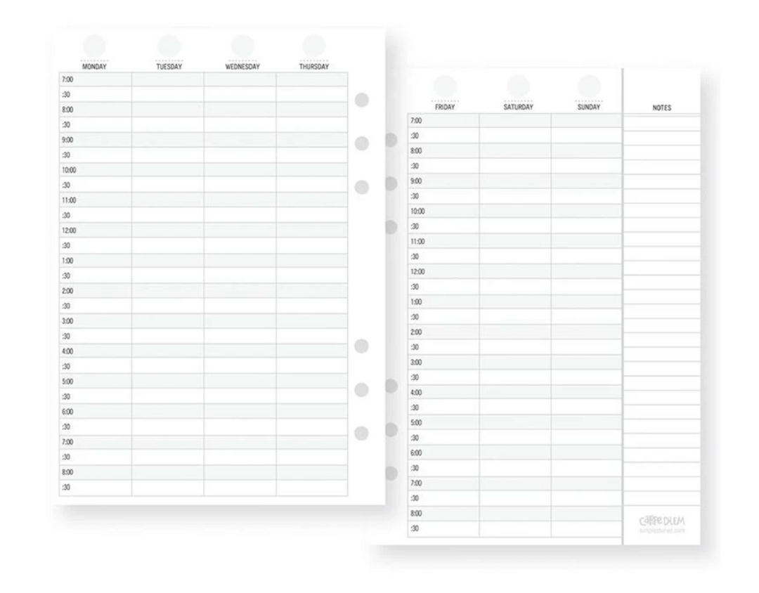 Two planner pages for 1 week with time slots and a notes section on a white background