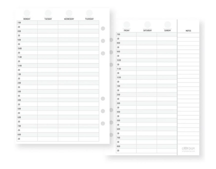 Two planner pages for 1 week with time slots and a notes section on a white background