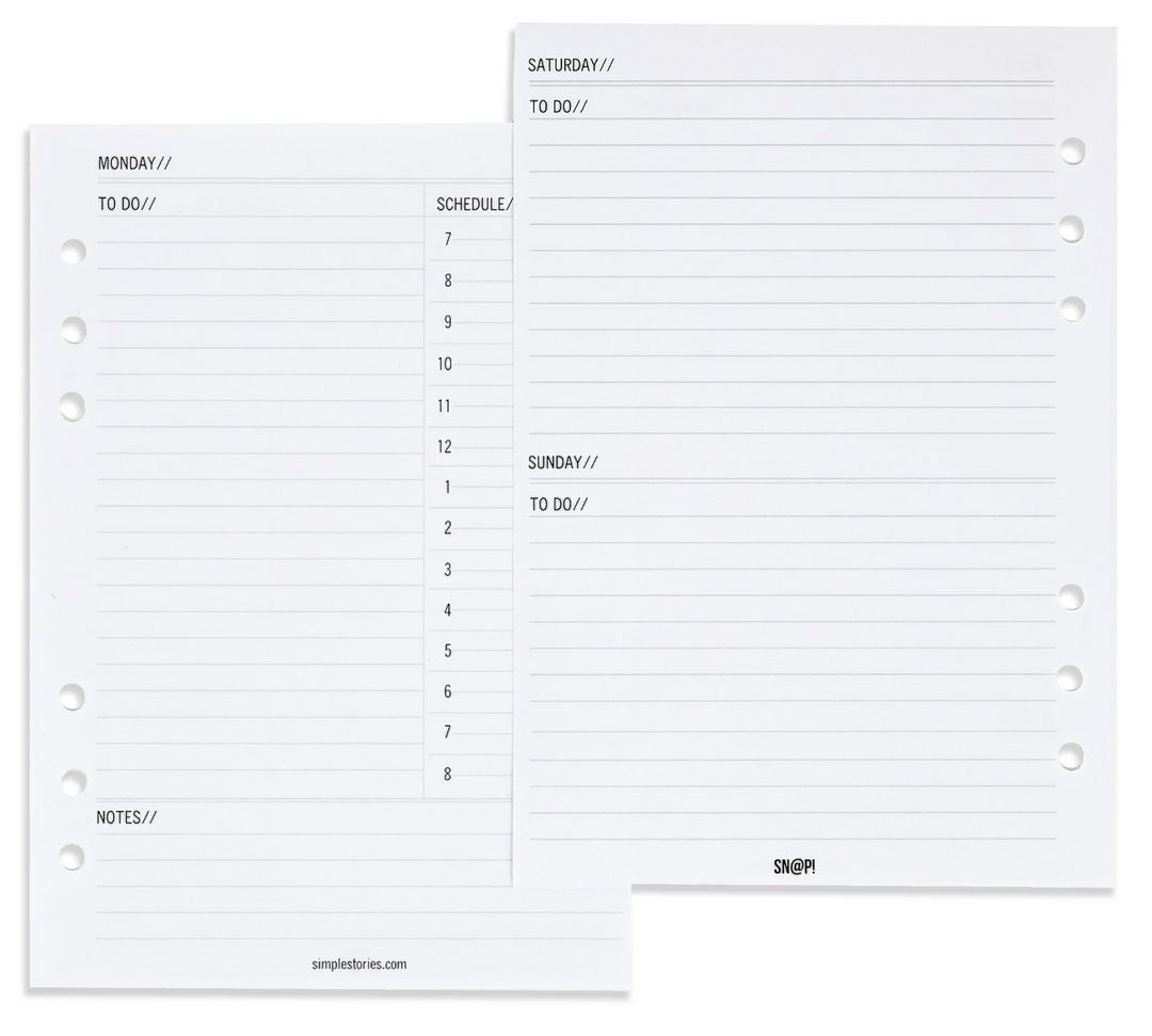 Two white planner pages with daily schedule and to-do list sections on a white background.