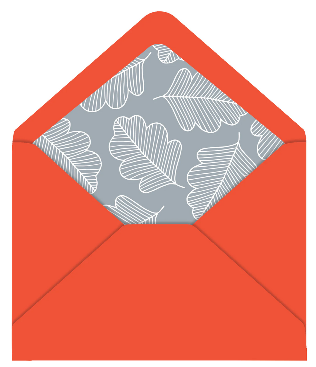 Red envelope with a white all-over illustrated leaf pattern on a grey interior liner.