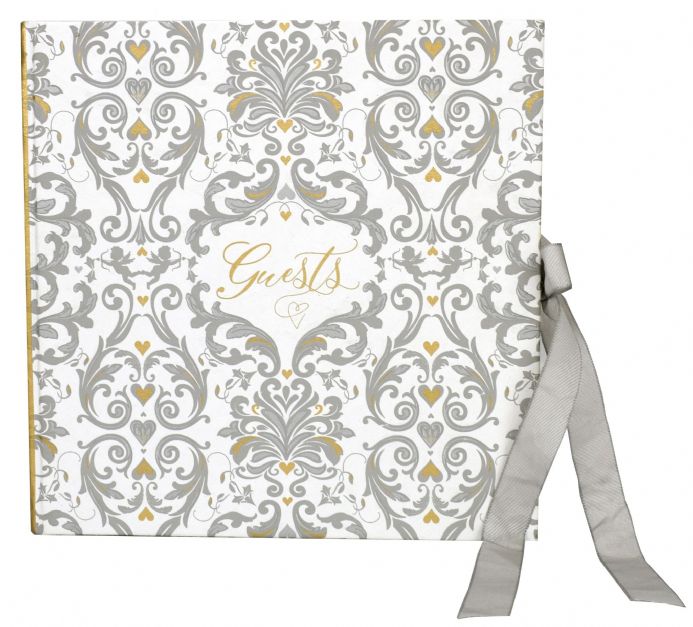 White book with screen-printed baroque style pattern in grey and gold. Text reads "weddin guests" in gold in center of book, grey ribbon bow on side