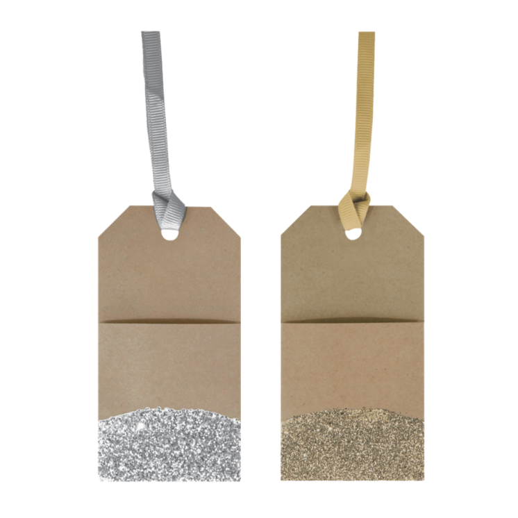 2 Kraft paper gift tags with pocket, one dipped in silver glitter and the other dipped in gold glitter