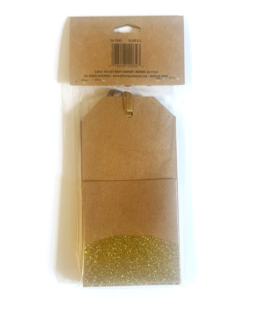 Package of Kraft paper gift tag with pocket dipped in gold glitter