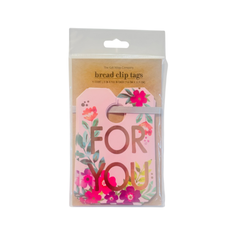 Packaged blush pink beard clip style gift tag with multi-color floral allover print and a rose gold foil print that reads FOR YOU