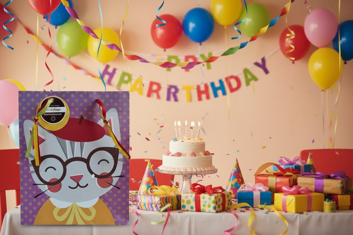 A purple and yellow polka dot gift bag with a kitten wearing glasses, and a beret in a yellow sweater, printed on the front, featured at a Birthday party setup with balloons, cake, and presents in a room.