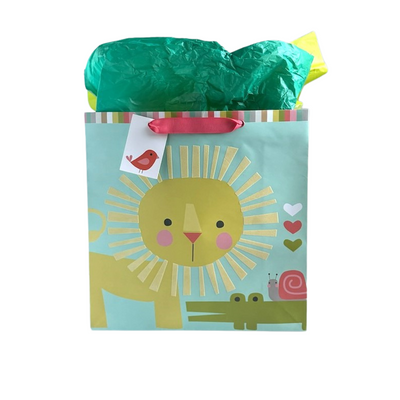 Large turquoise color gift bag with printed graphic of lion, alligator, and snail. pink ribbon handles, matching tissue paper