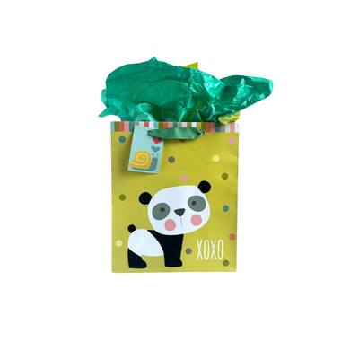 Avocado green gift bag with baby panda bear, allover multi-color polka dots, green ribbon handles