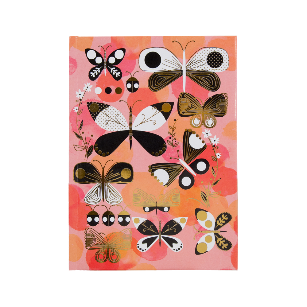 Pink background, pinks, black, white, and gold foil butterfly and ladybug printed gift bag