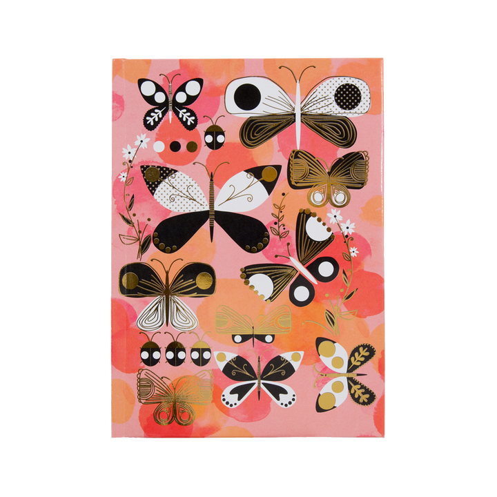 Pink background, pinks, black, white, and gold foil butterfly and ladybug printed gift bag