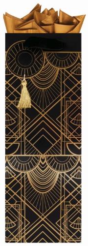 Black wine bottle bag with gold art deco-inspired print pattern, gold tassel, black velvet handles, and gold tissue paper