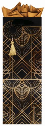 Black wine bottle bag with gold art deco inspired print pattern, gold tassel, black velvet handles and gold tissue paper