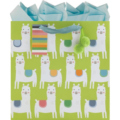 allover llama print with colorful saddles on a lime green gift bag, lime green pom-poms accent, a multi-color stripe gift tag and powder blue tissue paper