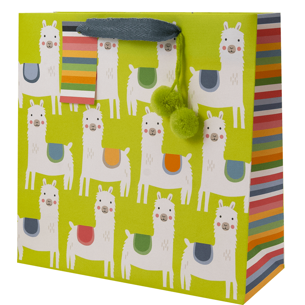 allover llama print with colorful saddles on a lime green gift bag, lime green pom-poms accent, a multi-color stripe side panels and gift tag 