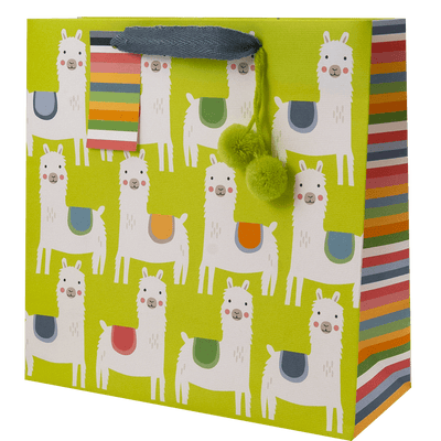 allover llama print with colorful saddles on a lime green gift bag, lime green pom-poms accent, a multi-color stripe side panels and gift tag 