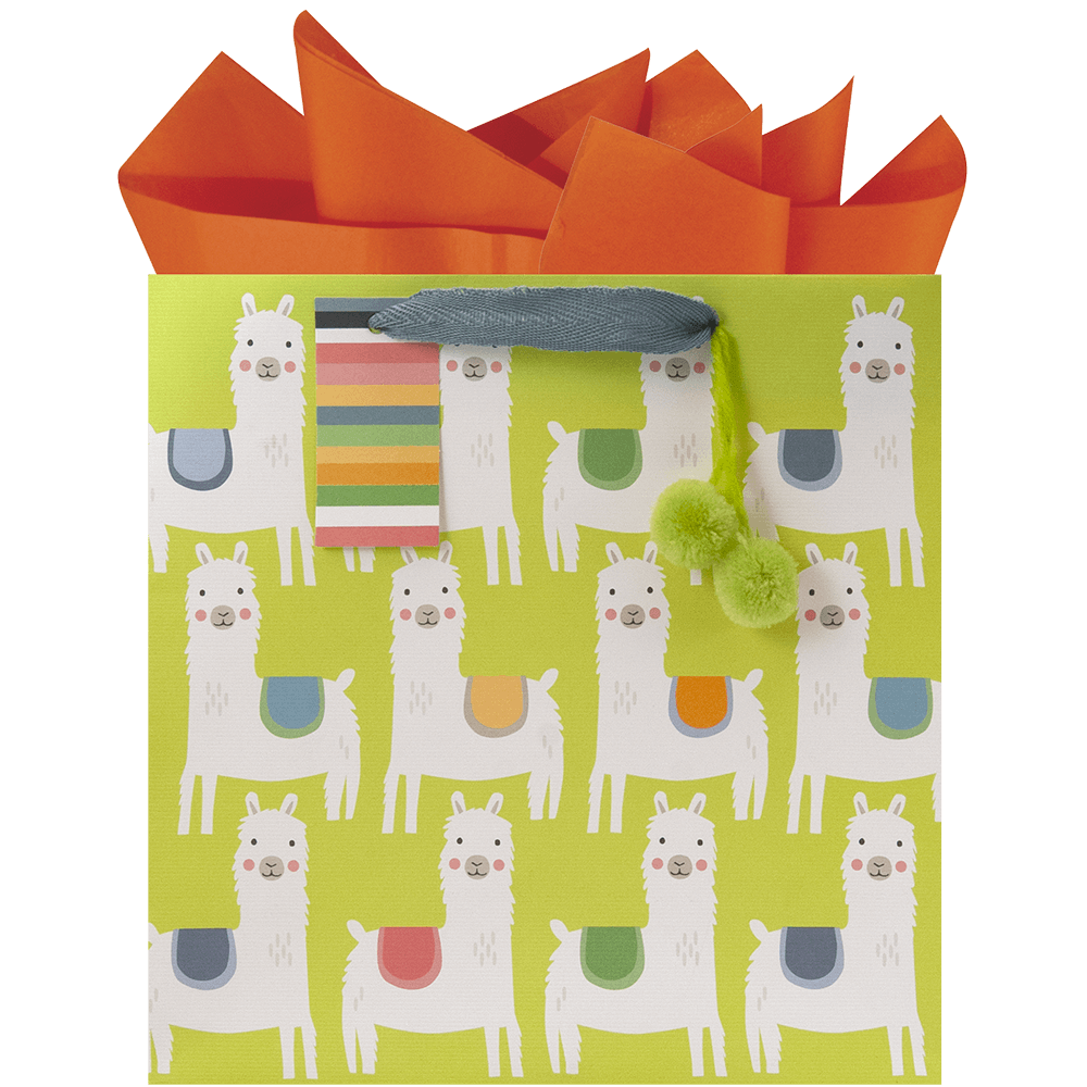 allover llama print with colorful saddles on a lime green gift bag, lime green pom-poms accent, a multi-color stripe gift tag and orange tissue paper