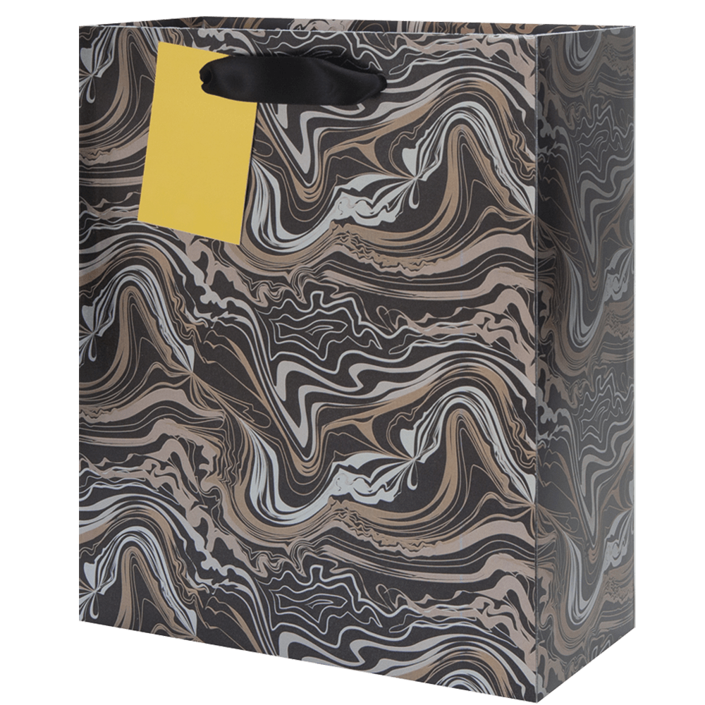 Black gift bag with marble print pattern in metallic champagne and gold colors with a black satin ribbon handle. Gold metallic gift tag