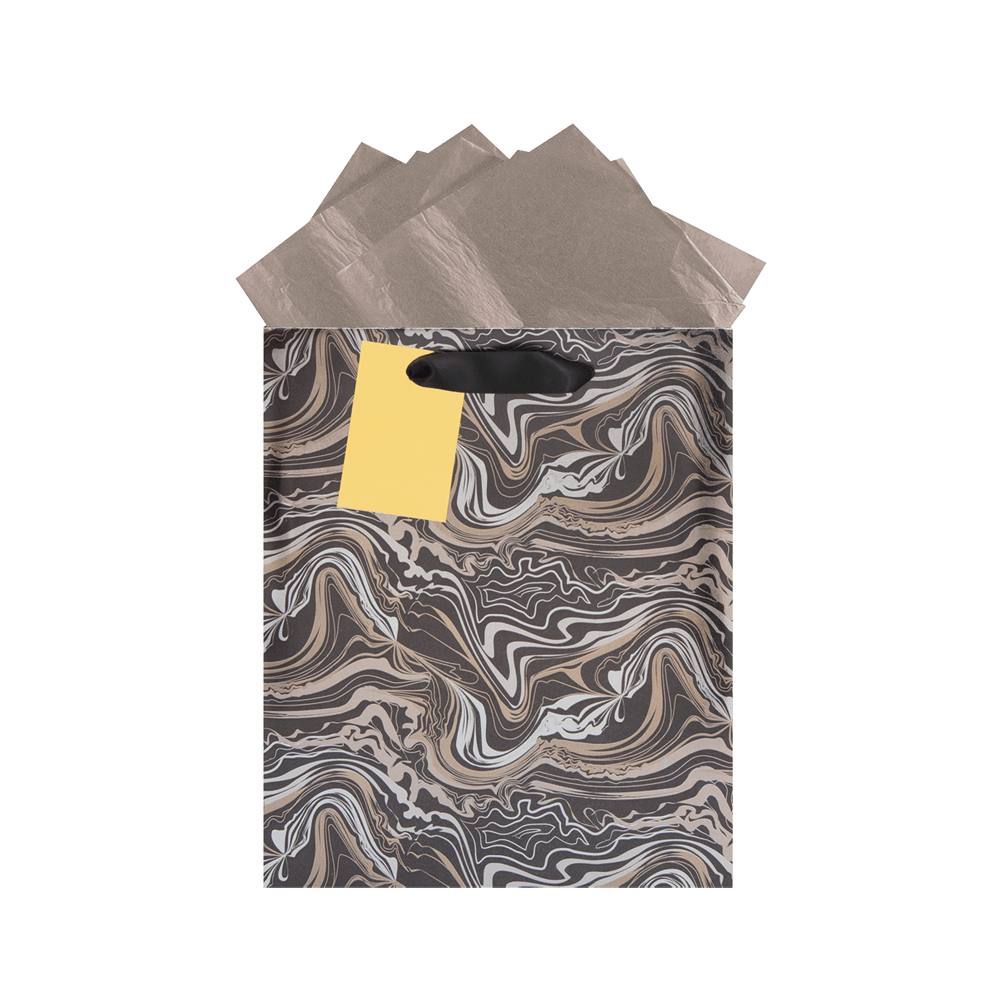 Black gift bag with marble print pattern in metallic champagne and gold colors with a black satin ribbon handle