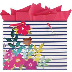 Navy and white striped large gift bag with hologram finish floral bouquet print accent and red tissue paper