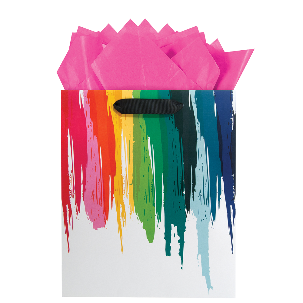 White gloss finish gift bag with a rainbow color paint print appearing to drip from the top to the bottom of the bag with pink tissue paper.