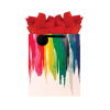 White gloss finish gift bag with a rainbow color paint print appearing to drip from the top to the bottom of the bag with red tissue paper.