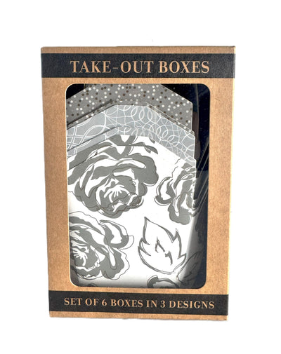 An image of a kaft brown packaged set of take-out style box in 3 different designs in greys, white, and gold print patterns.