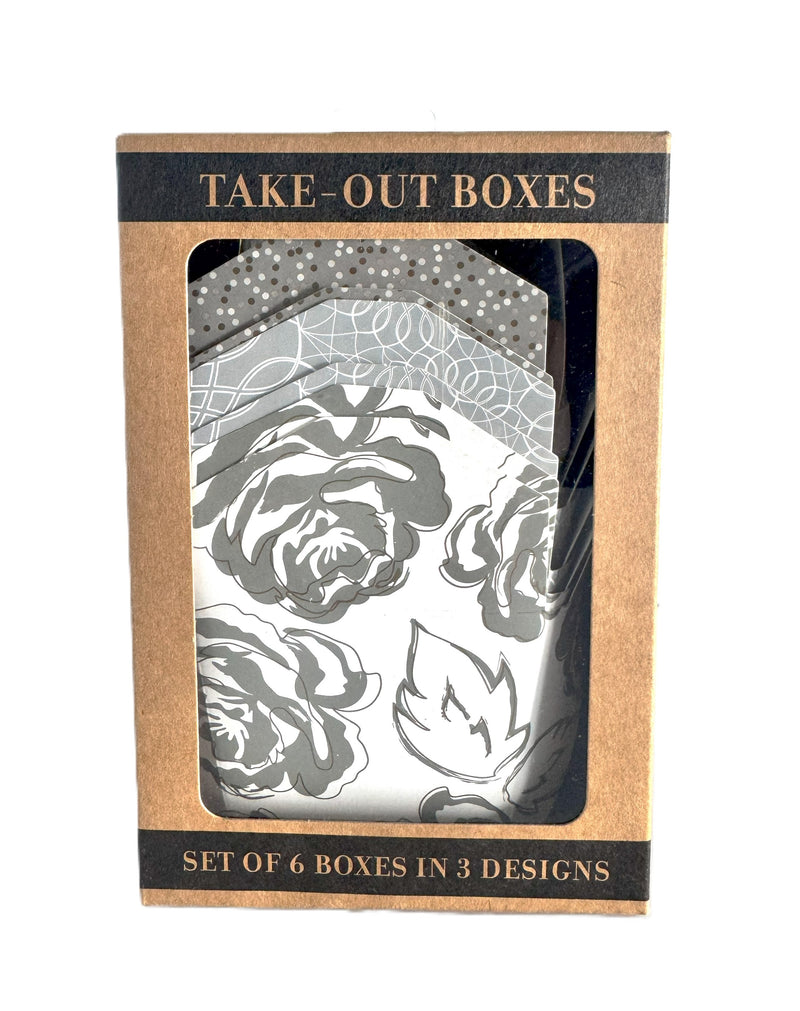 An image of a kaft brown packaged set of take-out style box in 3 different designs in greys, white, and gold print patterns.